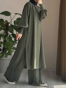 Women's Elegant Arabic Style Solid Color Casual Modest Elegant Loose Round Neck Lantern Sleeve Loose Pants Suit - Army Green - View 1