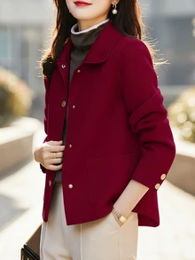 时尚简约女士翻领单排扣高品质短款羊毛大衣，休闲宽松纯色长袖复古优雅风格，搭配时尚单品，女士冬季羊毛大衣 - 酒紅色 - 查看 2