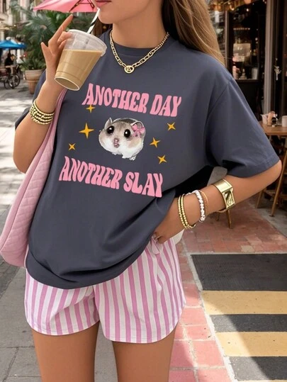 1pc Cute Graphic Print Short Sleeve Tee For Tween Girls, Comfortable Top For Young Students