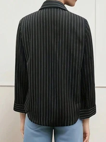 Plus Size Women's Casual Striped Shirt With Turndown Collar, Suitable For Commuting, Spring/Summer - Black - View 6