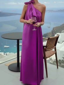 Elegant Solid Color Maxi One-Shoulder Dress, Summer - Hot Pink - View 4