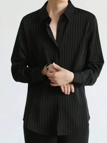 Plus Size Women's Casual Striped Shirt With Turndown Collar, Suitable For Commuting, Spring/Summer - Black - View 5