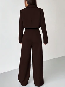Conjunto de invierno para mujer 2026 nueva llegada, elegante conjunto de 2 piezas para ir al trabajo con blazer corto de corte holgado y diseño retro de moda con cintura con lazo y pantalones de pierna ancha, unicolor - Café integral - Ver 2
