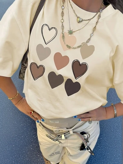 Áo thun nữ tay ngắn cổ tròn kiểu dáng thường ngày - Họa tiết in, chất vải mềm mại và thoải mái, có thể giặt máy, áo mùa hè, áo đi nghỉ mát