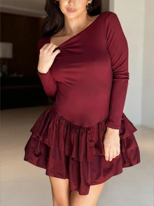 Women's Autumn Fashionable New Double-Layer Hem Splicing Long Sleeve Short Dress - Wine Red - View 5
