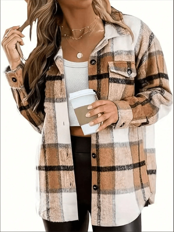 Women's Plaid Drop Shoulder Long Sleeve Utility Pocket Shirt, Autumn,Long Sleeve Tops