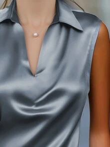 1pc Women's Solid Color Satin Sleeveless Blouse, Elegant Office/Casual Wear, Fashionable For Commute, Home, Daily, Occasions, Spring/Autumn/Summer - Grey - View 3