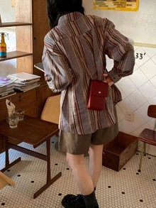 女士条纹落肩长袖单排扣休闲宽松衬衫 - 多色-棕 - 查看 3