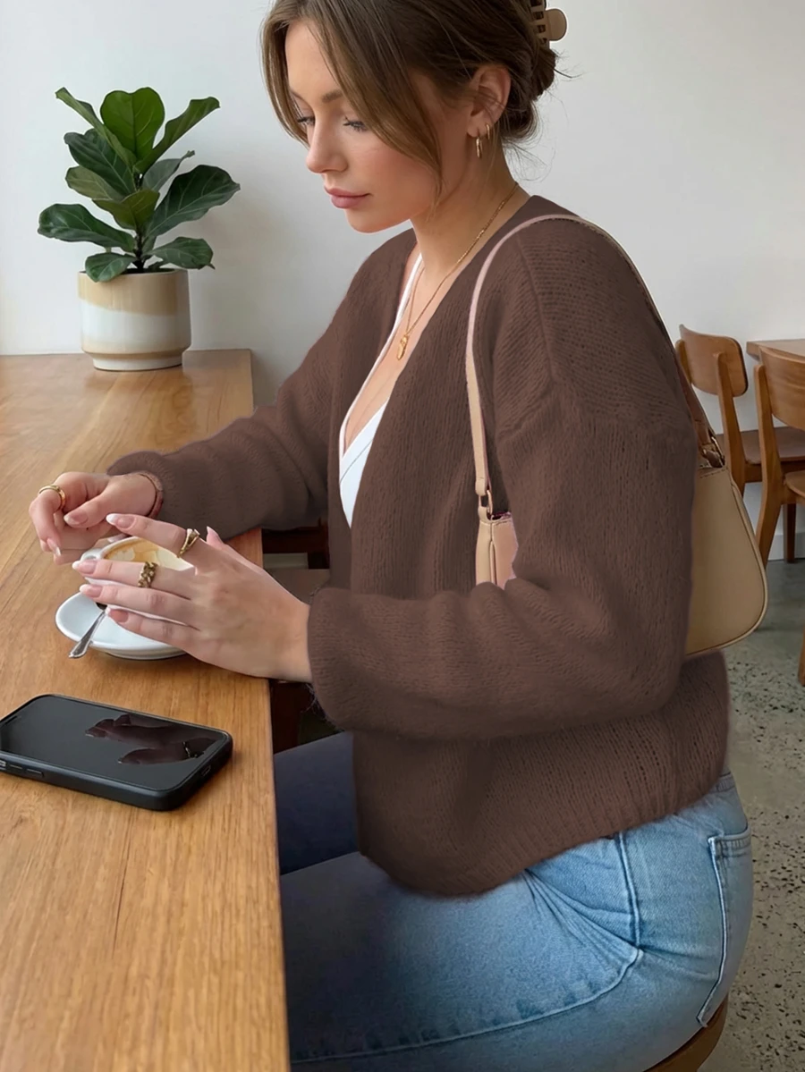 Women's Solid Color Versatile Open Front Long Sleeve Knit Cardigan Sweater, Suitable For New Year, Valentine's Day