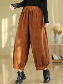 Women's Casual Solid Color Elastic Waist Loose Harem Pants, Spring/Autumn - Brown - View 4