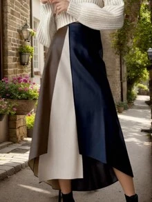 1 pieza Falda asimétrica/asimétrica de cintura alta elástica de cuero PU con bloque de color y parche, elegante y casual para fiesta, formal, cóctel, vacaciones, oficina, uso diario, primavera/otoño/invierno