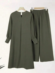 Women's Elegant Arabic Style Solid Color Casual Modest Elegant Loose Round Neck Lantern Sleeve Loose Pants Suit - Army Green - View 3