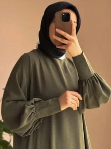 Women's Elegant Arabic Style Solid Color Casual Modest Elegant Loose Round Neck Lantern Sleeve Loose Pants Suit - Army Green - View 2