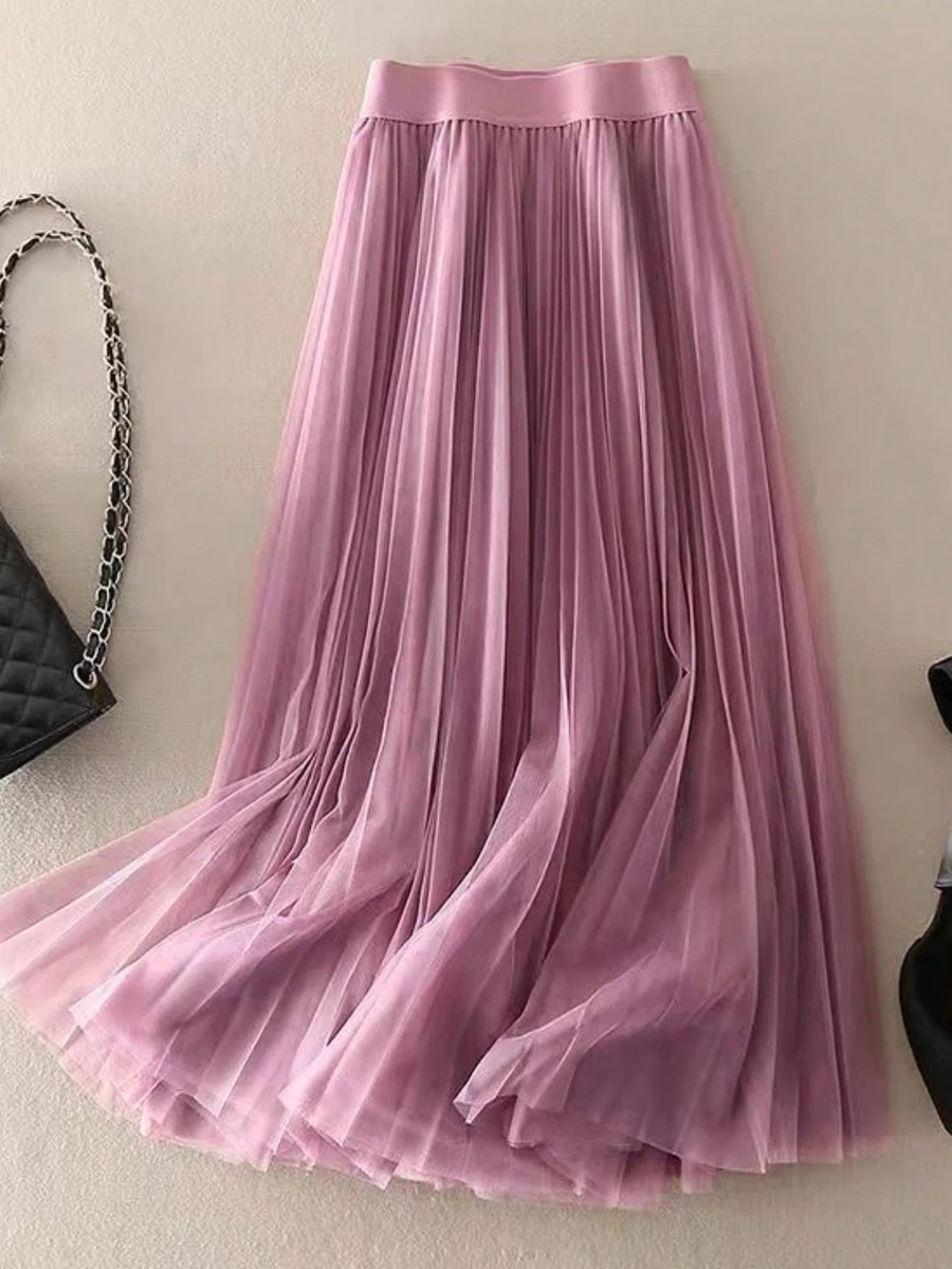 LuminousWealth Women's Elegant Pleated Mesh A-Line Skirt, Suitable For Casual Or Office Wear, Minimalist & Graceful | Polyester Mesh Skirt, Suitable For All Seasons, Great For New Year, Parties