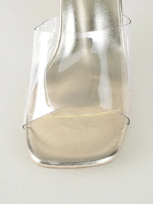 Clariva Women's Fashion High-Heel Sandals, Gold Transparent Heel Sandals, Square Toe Transparent Strap High-Heel Shoes, Outdoor Comfort Mules