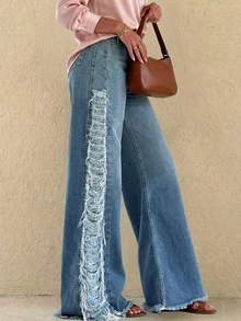 Ombre Casual Denim Zipper Pocket Frayed Edge Jacket, Everyday Wear - Blue - View 3