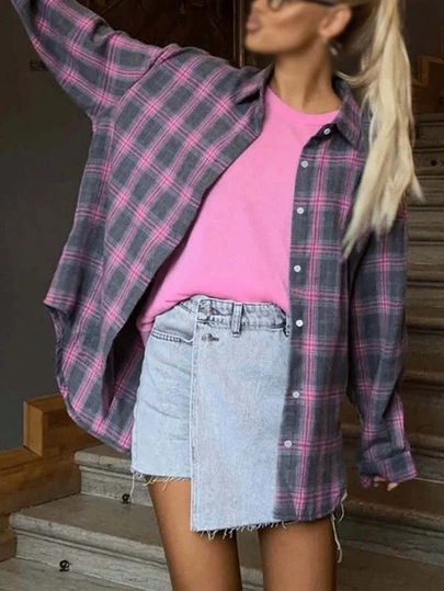 Plus Size Women's Retro Purple Plaid Long Sleeve Shirt, Contrast Color Loose Button-Up Casual Blouse, Collared Street Style 2000s Spring