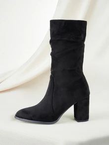 Clariva 2024 Autumn/Winter New French High-End Ruched Chunky Heel Ankle Boots, Square Toe, Elastic, Versatile, Run 1/2 Size Larger - Black - View 2