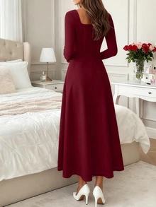 Đầm midi nữ màu trơn cổ vuông, kiểu dáng thanh lịch, thích hợp mặc đi làm, mùa thu/đông/xuân. - Màu Đỏ Sâu - Xem 2