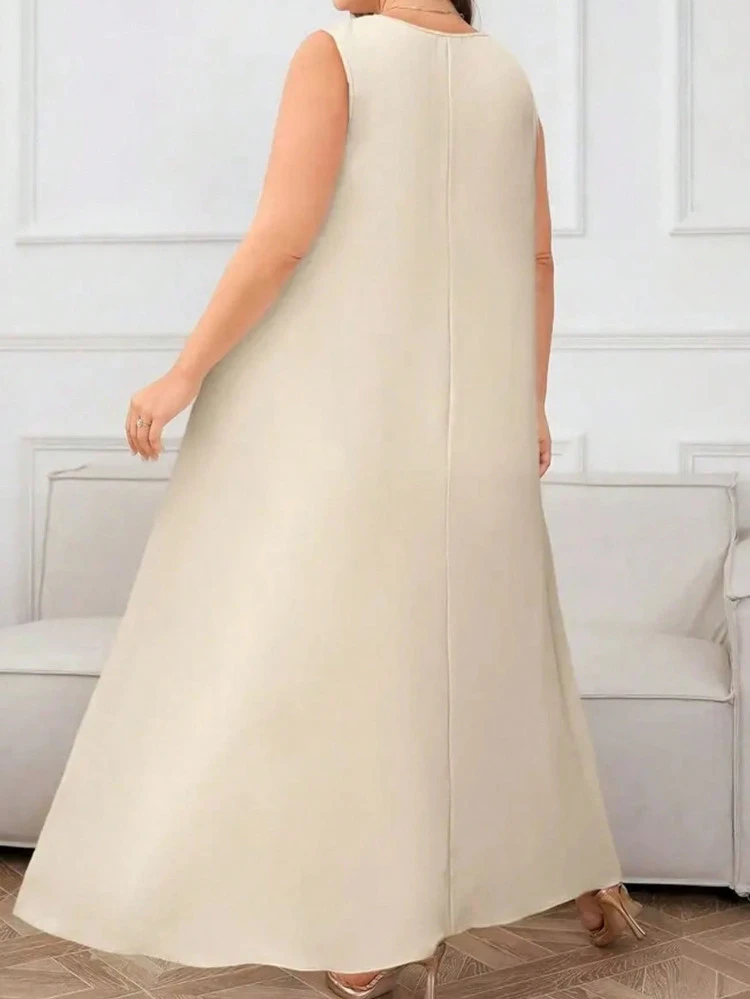 Plus Size Women Sleeveless Long Solid Color Casual Dress, Summer Elegant - Apricot - View 3