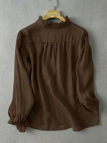 Women's Solid Color Ruffle Collar Long Sleeve Casual Blouse, Spring/Summer,Long Sleeve Tops - Coffee Brown - View 2