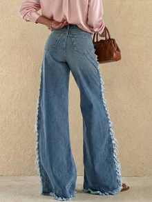 Ombre Casual Denim Zipper Pocket Frayed Edge Jacket, Everyday Wear - Blue - View 4