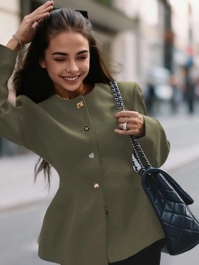 Women's Elegant Casual Fashion Round Neck Asymmetric Metal Button Blazer - Round Neck, Waist Cinched, Long Sleeve, Front Open Asymmetric Metal Button