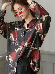 Women's Digital Print Casual Blouse, Couple's Date, Bird Pattern, Long Sleeve Button-Up Shirt, Spring/Autumn - Black - View 2