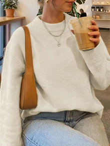 SEREN New Autumn/Winter Round Neck Knit Sweater, Loose & Comfortable, Suitable For Outdoor Wear - Beige - View 4