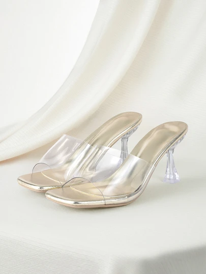 Clariva Women's Fashion High-Heel Sandals, Gold Transparent Heel Sandals, Square Toe Transparent Strap High-Heel Shoes, Outdoor Comfort Mules