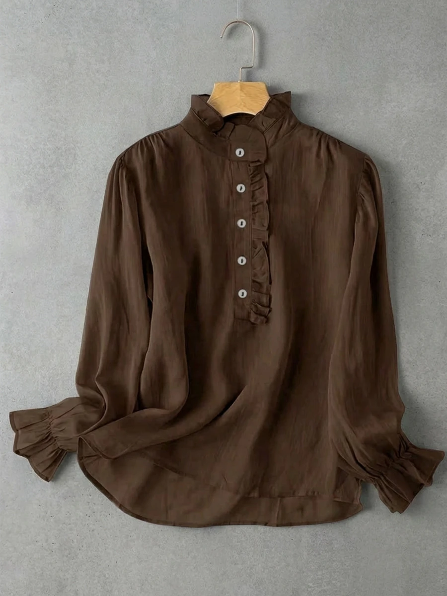 Women's Solid Color Ruffle Collar Long Sleeve Casual Blouse, Spring/Summer,Long Sleeve Tops - Coffee Brown - View 1