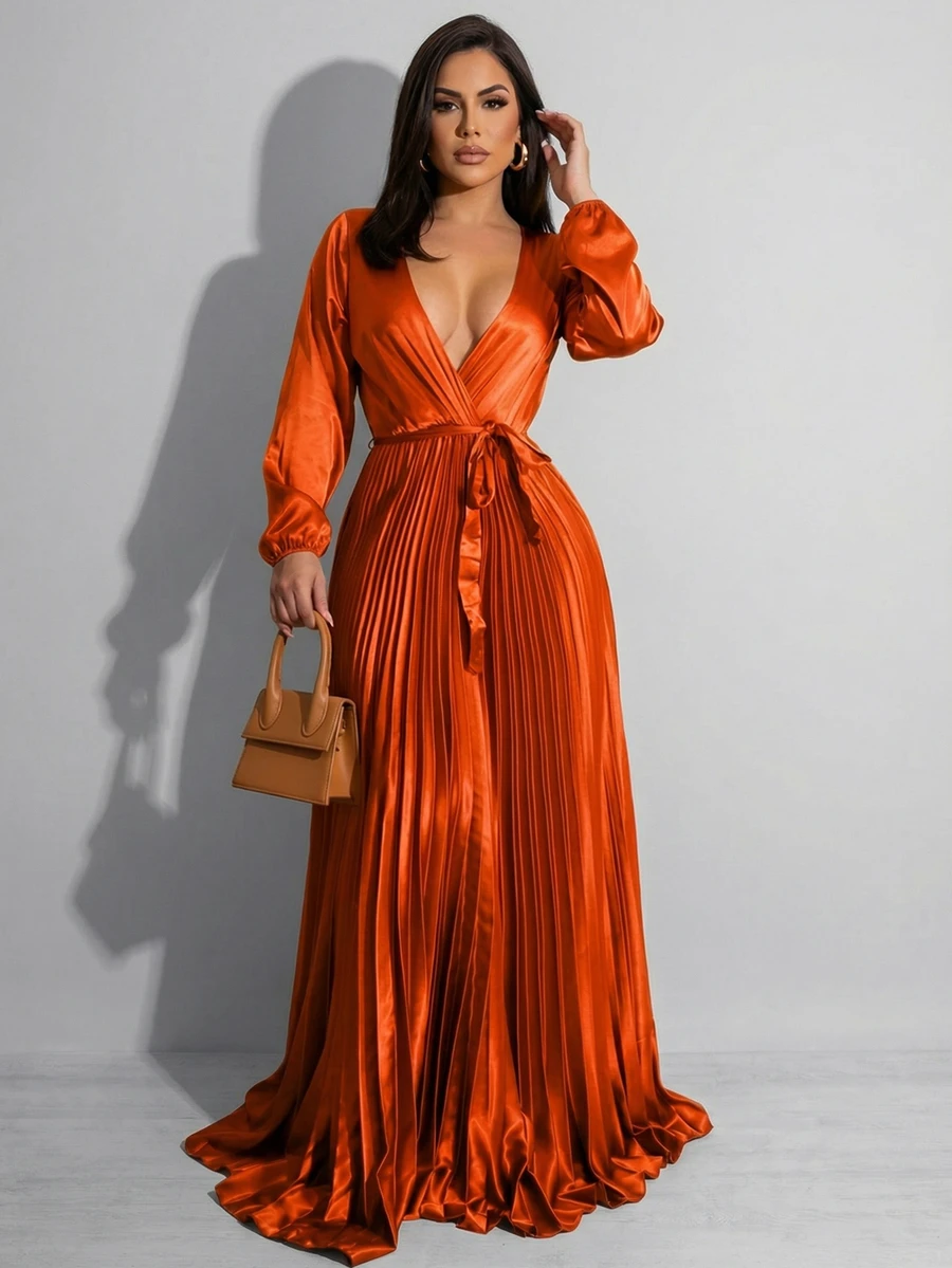Women's Solid Color Pleated Hem Casual Dress, Simple & Fashionable For Everyday Wear Elegant Spring - 橘色 - 查看 1