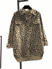 Women's Leopard Print Button Front Collared Long Sleeve Loose Blouse Shirt, Casual Everyday Wear, Spring/Autumn - Apricot - View 2