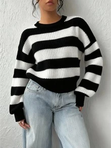 Elegant Casual Striped Contrast Color Polyester Knit Sweater For Women, Everyday Wear, Spring/Autumn/Winter - Black+White - View 3