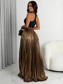 Women's Party Long Pleated A-Line Knit Slit Skirt, Thigh Slit Design, Medium Stretch - Gold - View 2
