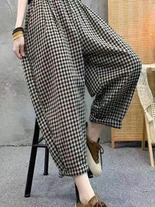 女士复古格子休闲宽松哈伦裤，带口袋，适合春夏穿着 - 黑與白 - 查看 1