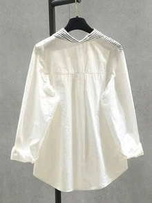 Women's Casual Solid Color & Striped Long Sleeve Single-Breasted Blouse White Spring - White - View 2