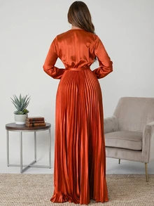 Women's Solid Color Pleated Hem Casual Dress, Simple & Fashionable For Everyday Wear Elegant Spring - 橘色 - 查看 2