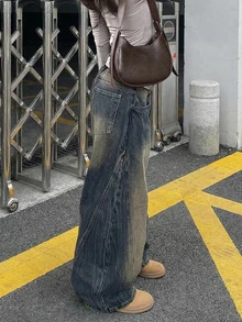 UMINOW 女士休闲宽松牛仔裤，长款复古风休闲牛仔裤，带口袋和拉链，春季款 - 藍色 - 查看 2