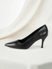 Clariva Fall/Winter Minimalist Point Toe Court Pumps,Black Premium Leather Pointed Toe High Heels For Office & Commute,Elegant,Kitten Heels - Black - View 1