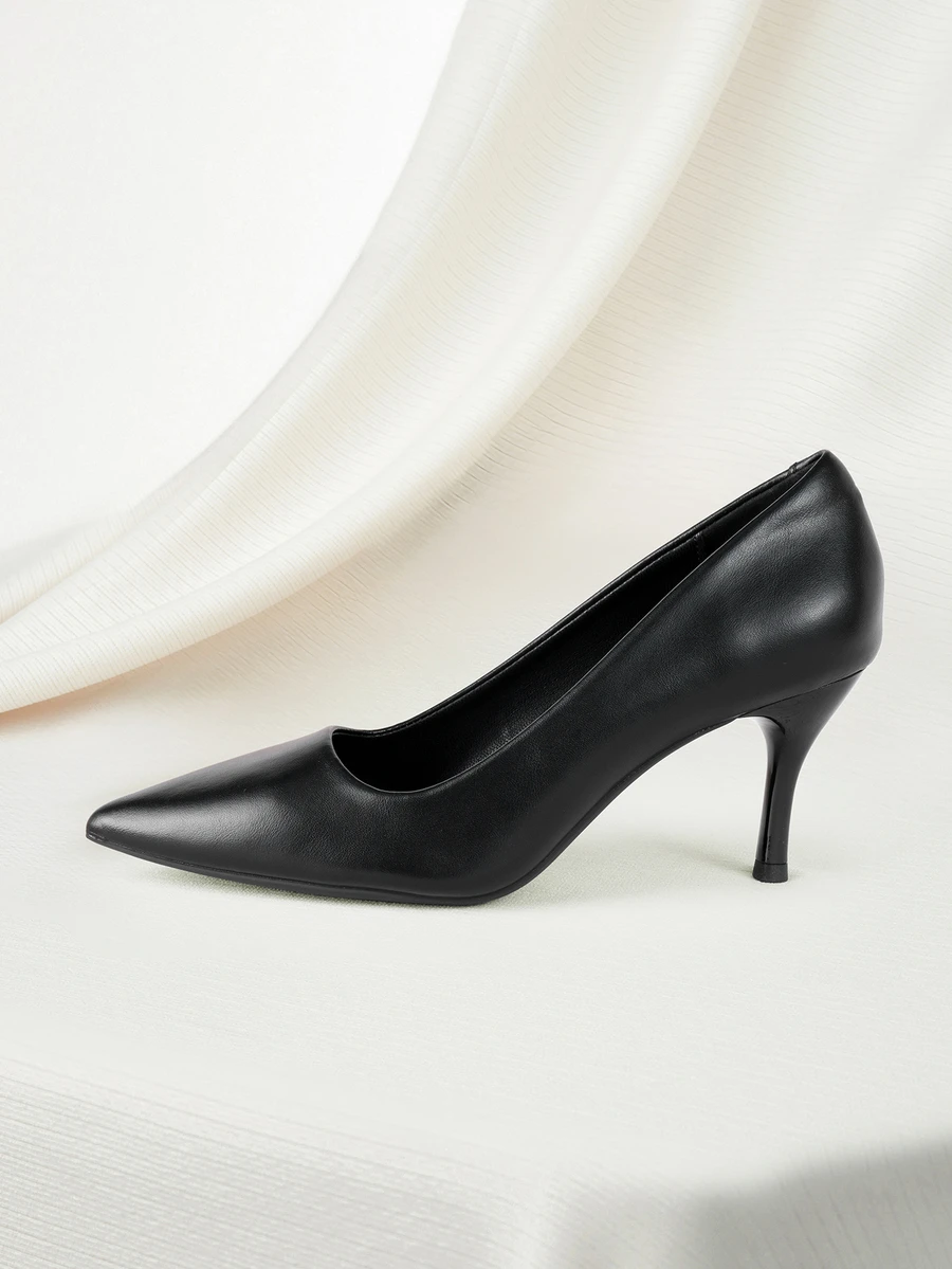 Clariva Fall/Winter Minimalist Point Toe Court Pumps,Black Premium Leather Pointed Toe High Heels For Office & Commute,Elegant,Kitten Heels - Black - View 1
