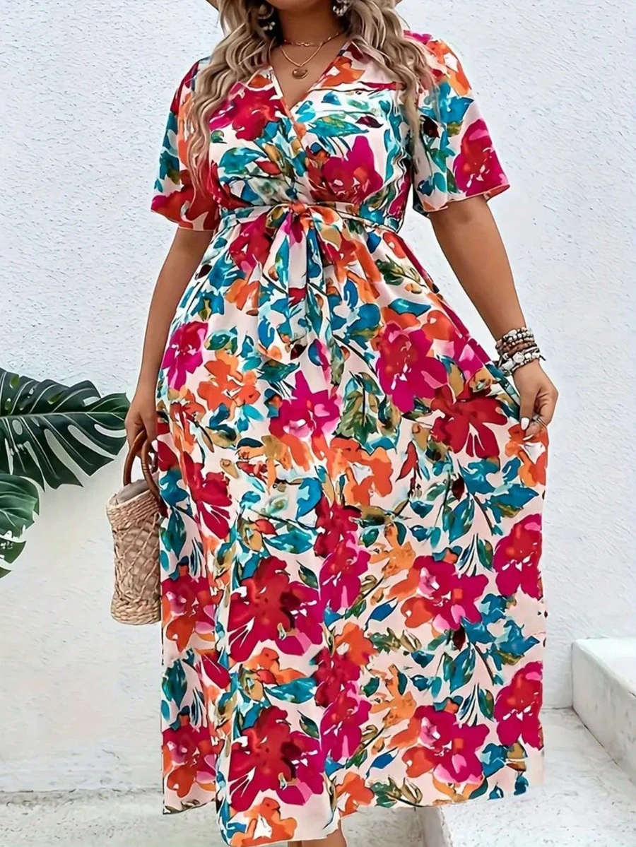 大码女式全身印花系带休闲连衣裙，夏季时尚