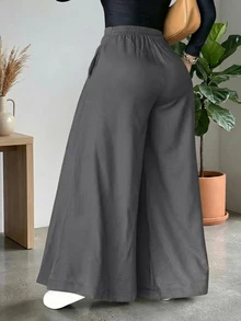 Pantalones anchos y sueltos de unicolor y casual para mujer, elegantes y minimalistas para la primavera - Gris Oscuro - Ver 2