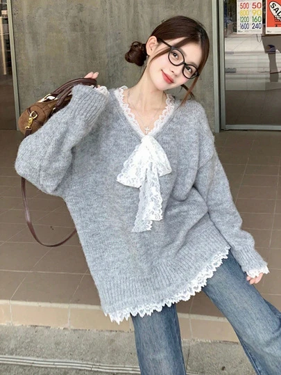 女士宽松V领蕾丝拼布蝴蝶结针织毛衣，韩版，秋冬