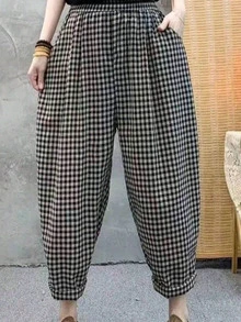 女士复古格子休闲宽松哈伦裤，带口袋，适合春夏穿着 - 黑與白 - 查看 2