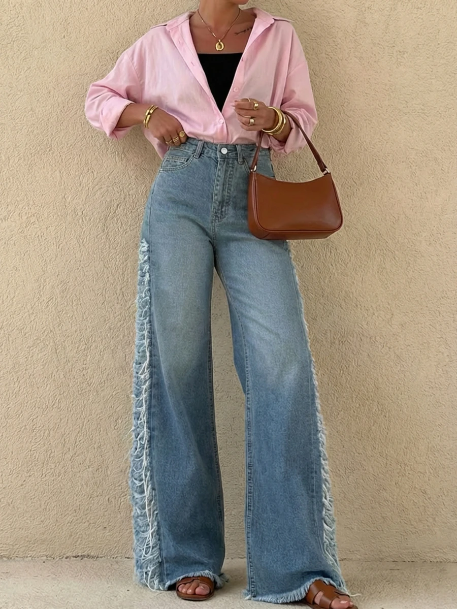 Ombre Casual Denim Zipper Pocket Frayed Edge Jacket, Everyday Wear - Blue - View 1