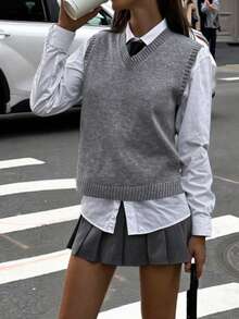 FOR BEAUTY V-Neck Sleeveless Knit Vest, Women Casual Loose Cropped Sweater, New Year Item, Spring/Autumn - Grey - View 1