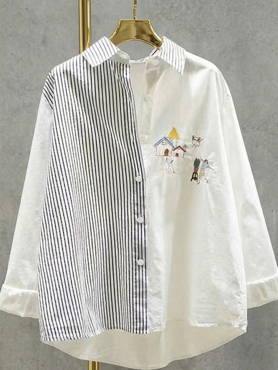 Women's Casual Solid Color & Striped Long Sleeve Single-Breasted Blouse White Spring - White - View 1