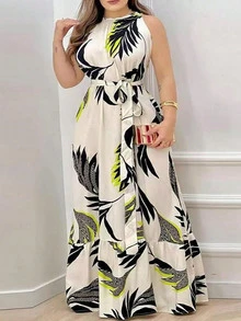 Plus Size Women Elegant Floral Print Belted Sleeveless Dress Summer Vacation - Multicolor - View 4