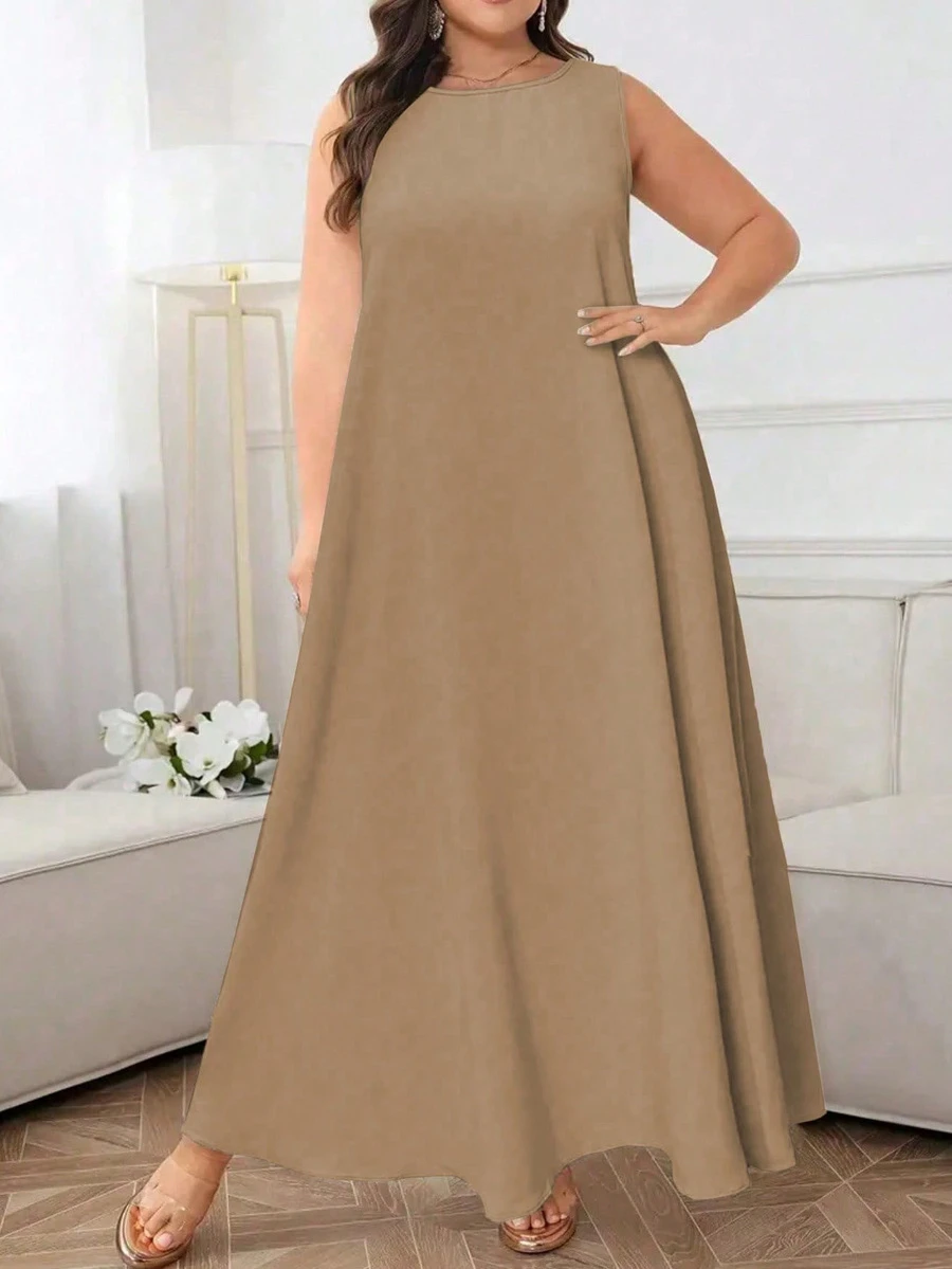 Plus Size Women Solid Color Round Neck Casual Sleeveless Loose Dress, Summer Elegant